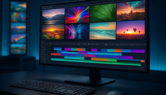 Futuristic video editing interface with vibrant stock images flowing into sleek professional timeline.