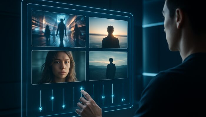 Creator fine-tuning sliders on holographic AI video interface in futuristic studio