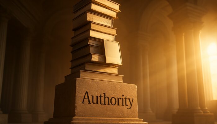 Granite cornerstone engraved "Authority" anchors pillar of books in golden sunrise light.