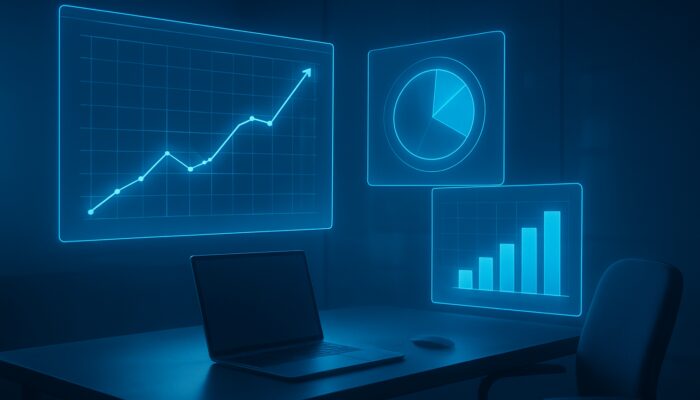 Futuristic holographic screens displaying traffic graphs, bounce rates, and engagement metrics for cornerstone content.