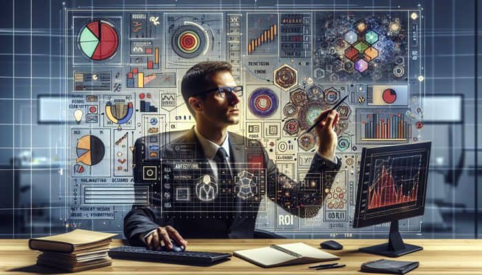 Person analyzing digital advertising data on computer, with graphs, charts, and budget notes in modern office.