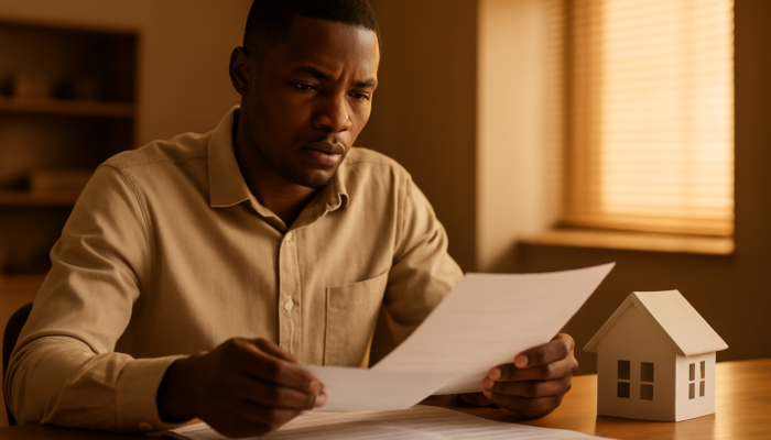 Focused South African applicant examining payslips and contracts for home loan approval at a bank.