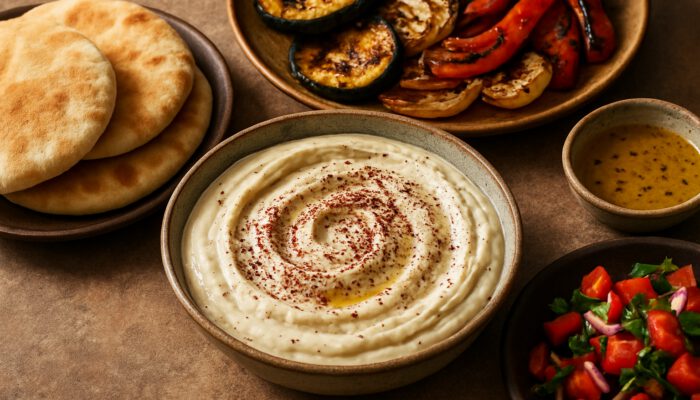 Vibrant Middle Eastern spread with sumac yogurt-tahini dip, pita, grilled vegetables, and lemon vinaigrette.
