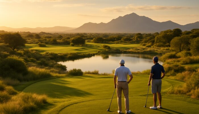 Golfers on a lush South African resort course with pristine fairways and mountain views illuminated by golden light