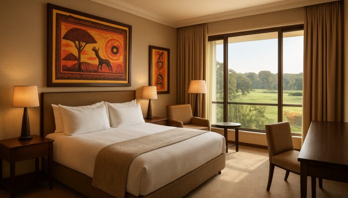Luxurious South African golf resort suite featuring plush bedding and vibrant African artwork in warm lighting