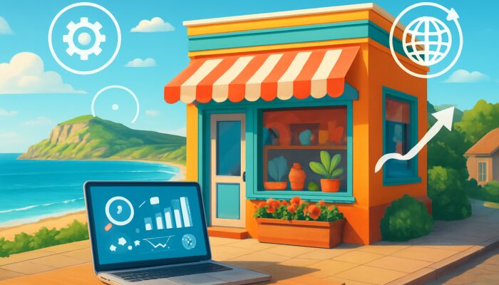 Bright illustration of Swanage shopfront with an SEO laptop overlooking the Jurassic Coast