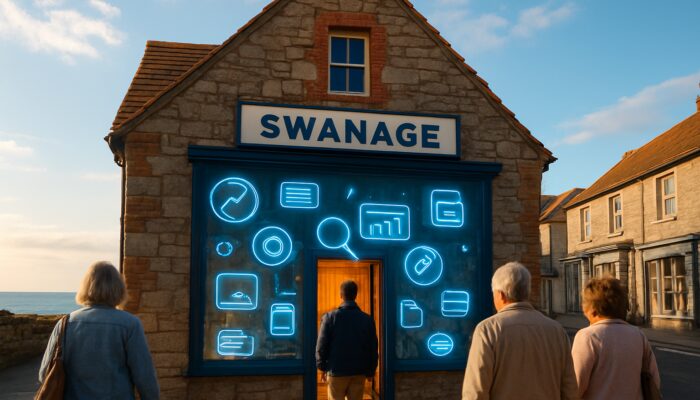 Charming Swanage shop adorned with floating SEO icons and meta descriptions as local customers enter under a bright coastal sky.