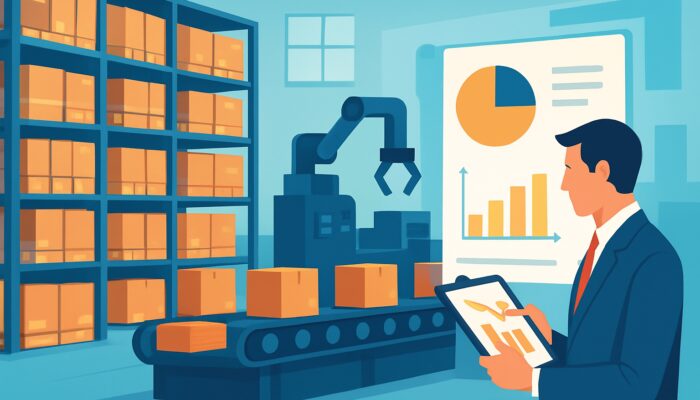 Modern warehouse with balanced inventory shelves, efficient lines, and manager reviewing cost savings charts.