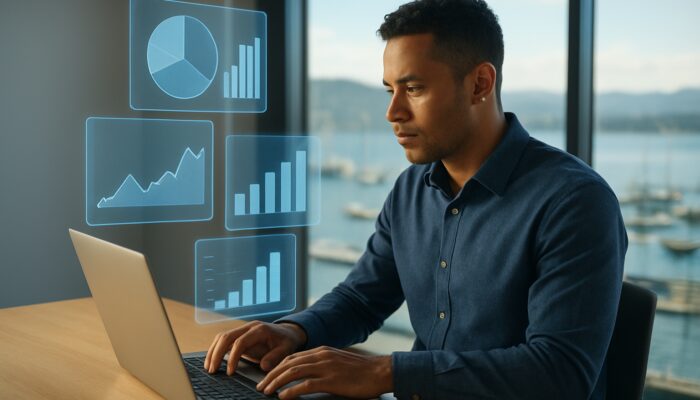 Wellington entrepreneur analysing holographic UK e-commerce dashboards and market gap charts in sunlit office