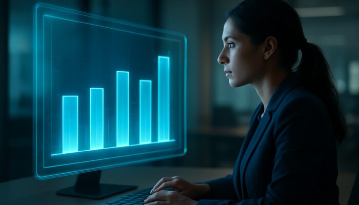 Marketer evaluating a holographic dashboard displaying illuminated bar charts that compare video ad engagement rates to industry benchmarks.