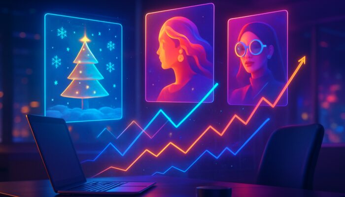 Futuristic digital workspace showcasing morphing holographic ads and rising engagement graphs in vibrant colours.