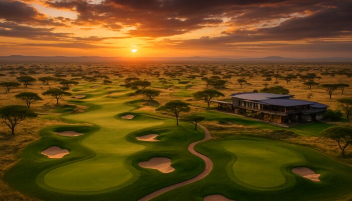 Aerial view of the enhanced Serengeti Jack Nicklaus golf course winding through African savanna at sunset.