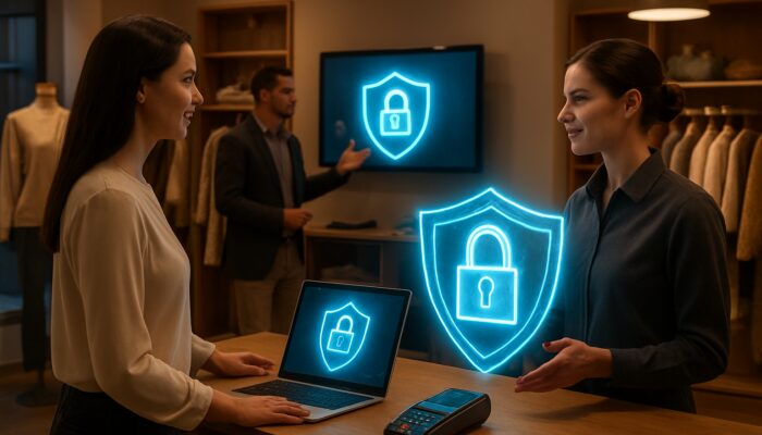 Poole boutique with digital shields, SSL locks, and staff training for UK cyber compliance and data protection.