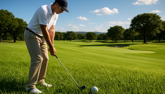 Golfer practicing draw shot from thick kikuyu grass rough at Barberton Golf Club in Mpumalanga
