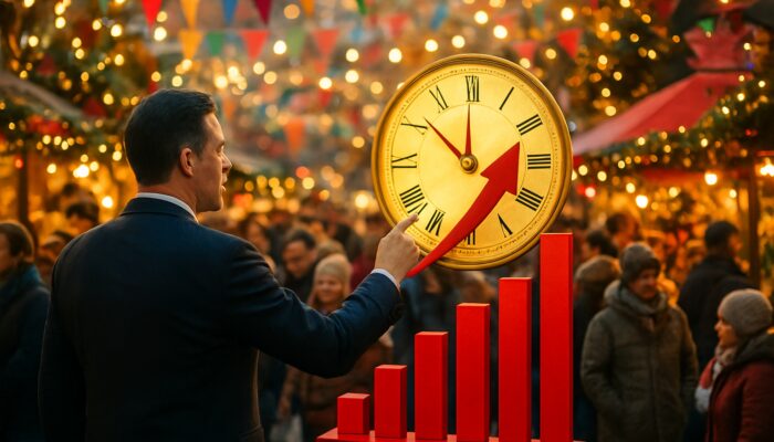 Marketer launching a holiday promotion with a golden clock, festive crowds, and rising sales graphs
