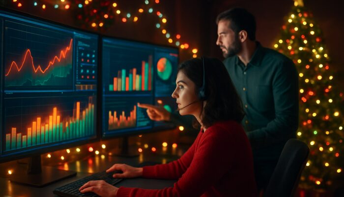 Marketers reallocating holiday budgets in a dynamic control room with glowing real-time sales dashboards and festive decorations.