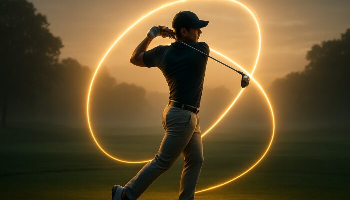 Professional golfer in excellent mid-swing form with luminous swing plane arcs on a misty dawn course.