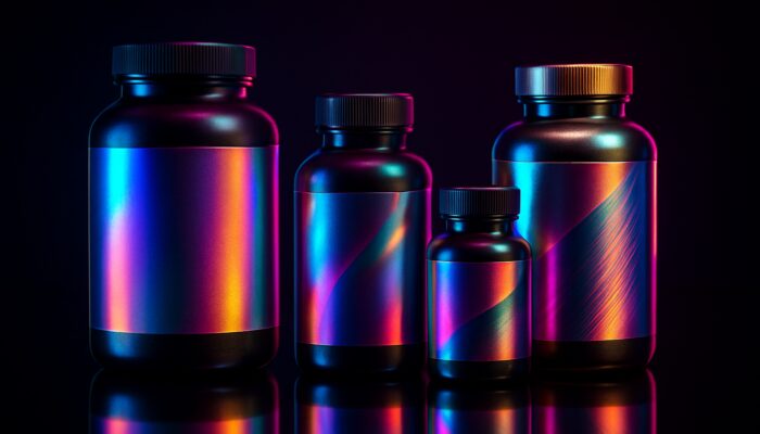 Vibrant supplement bottles with holographic labels and neon lights on a black background