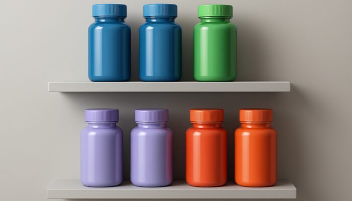 Sleek supplement bottles in blue, green, lavender, and orange-red on minimalist shelves for colour psychology appeal.