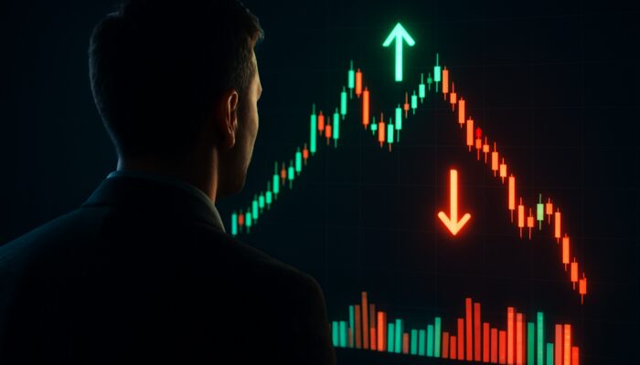 Trader examining a glowing footprint chart featuring delta divergence arrows and volume clusters on a dark screen