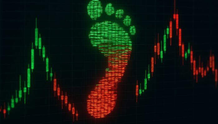 Illuminated footprint chart displayed on a trading terminal, featuring green and red buyer-seller volume blocks.