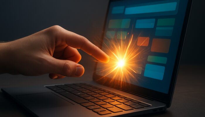 Hand tapping laptop screen with glowing UI feedback burst for immediate responsiveness.