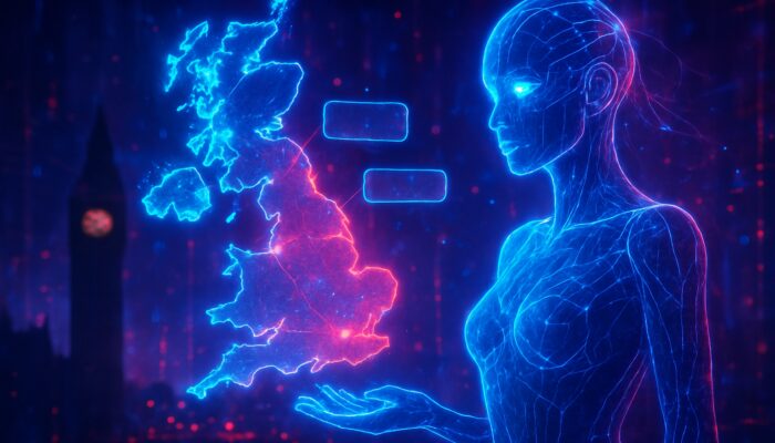 Cyberpunk AI hologram analysing UK search trends over glowing Britain map with Big Ben silhouette.