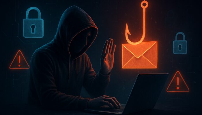 User protecting laptop from phishing email hook with digital locks and security alerts
